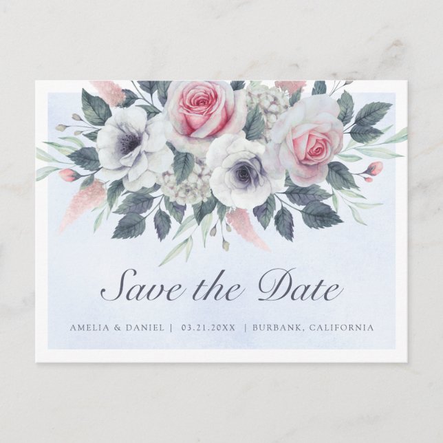 Romantische Aquarellfarben - Rose Save the Date he Ankündigungspostkarte (Vorderseite)
