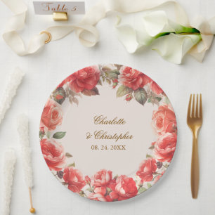 Romantische Aquarellfarben-Rote Rosen Blumenhochze Pappteller