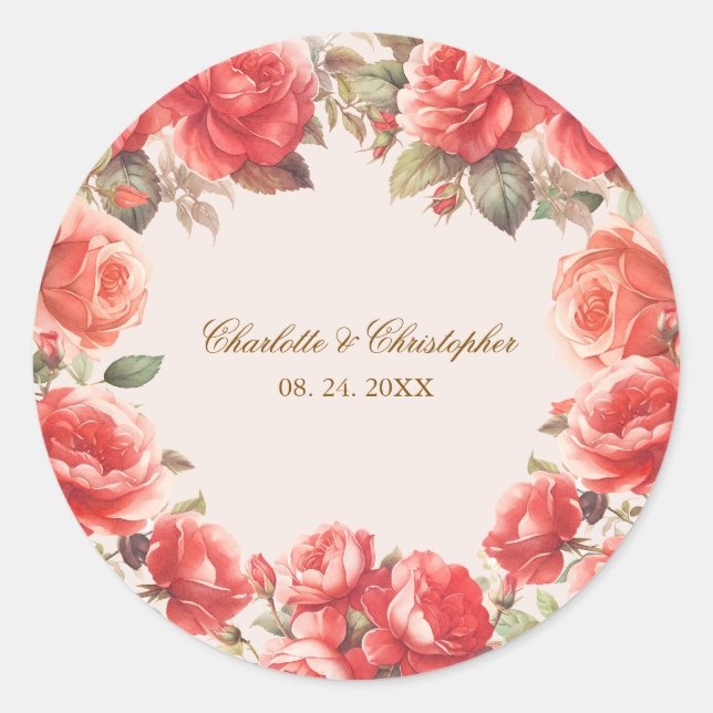 Romantische Aquarellfarben-Rote Rosen Blumenhochze Runder Aufkleber (Vorderseite)