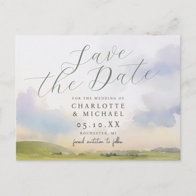 Romantische Aquarelllandschaft Save the Date Postkarte (Vorderseite)