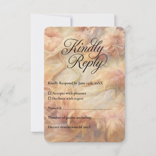Romantische Aquarellpearls Feathers Wedding RSVP Karte (Vorderseite)