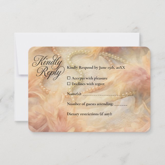 Romantische Aquarellpearls Feathers Wedding RSVP Karte (Vorderseite)