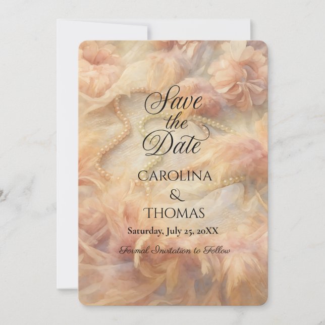 Romantische Aquarellpearls Feathers Wedding Save The Date (Vorderseite)