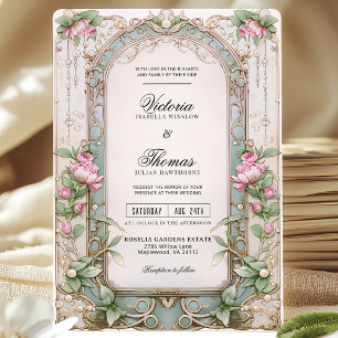 Romantische Art Nouveau Pink Peony Hochzeit Einlad Einladung