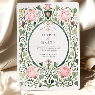 Romantische Art Nouveau rosa Pfingstrosen-Hochzeit Einladung