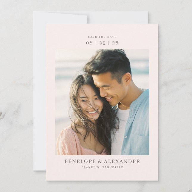 Romantische Beige Minimalistische Foto Save The Date (Vorderseite)