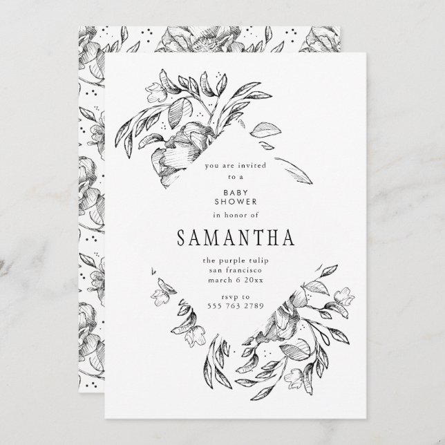 Romantische Black Floral Baby Dusche Einladung (Vorne/Hinten)