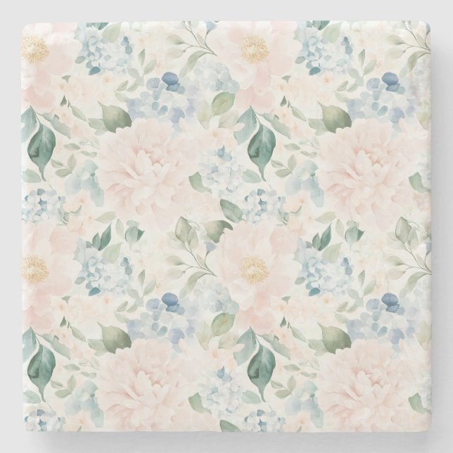 Romantische blassblaue rosafarbene Blumen Steinuntersetzer (Vorderseite)