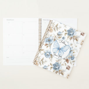 Romantische blaue Blumen braune Blätter Schmetterl Planer