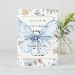 Romantische blaue Blumen brauner Schmetterling Geb Einladung