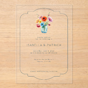 Romantische blaue Blumen-Hochzeitseinladung Acryleinladungen
