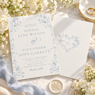 Romantische blaue Blumen-Monogramm-Hochzeit Einladung