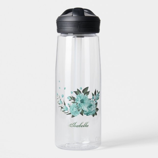 romantische blaue Blumen und grüne Blätter Trinkflasche (Vorne)