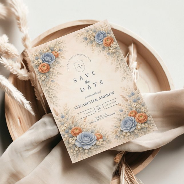 Romantische blaue Blumenhochzeit Save The Date (Von Creator hochgeladen)