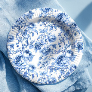 Romantische blaue französische Toile-Rosen Blumen- Pappteller