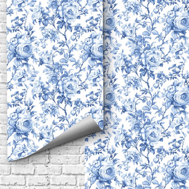 Romantische blaue französische Toile-Rosen Blumen  Tapete (Romantic Blue French Toile Roses Floral Wallpaper Design)