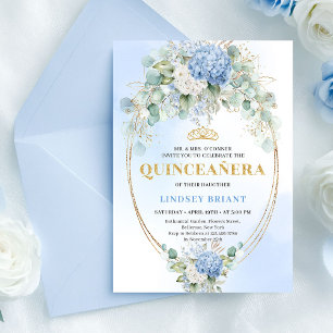 Romantische blaue Hortensien Gold Quinceañera Einl Einladung