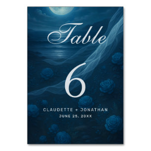Romantische blaue mondbeschienene Strandhochzeit Tischnummer