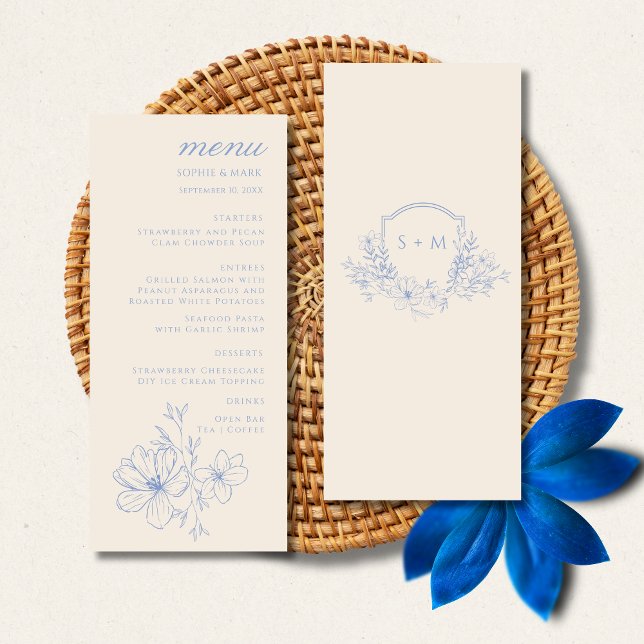 Romantische blaue Monogramm-Wappen-Blumen-Hochzeit Menükarte (Von Creator hochgeladen)