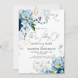 Romantische Blaue Navy Floral All in 1 QR Code Hoc Einladung