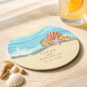 Romantische blaue Ozeanwelle & Muscheln Hochzeit Runder Pappuntersetzer