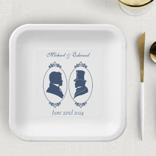 Romantische blaue Regency-Schwule-Botanik-Silhouet Pappteller