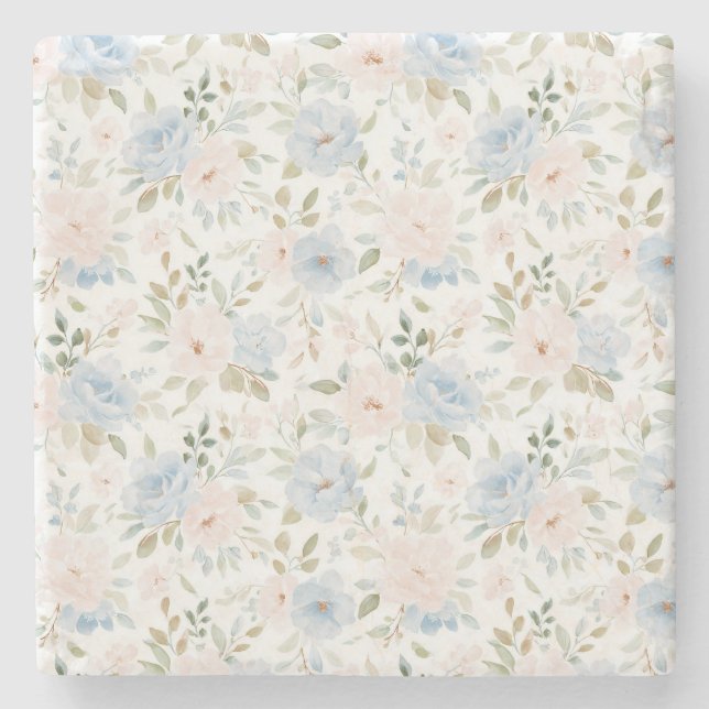Romantische blaue rosafarbene Blumen Steinuntersetzer (Vorderseite)
