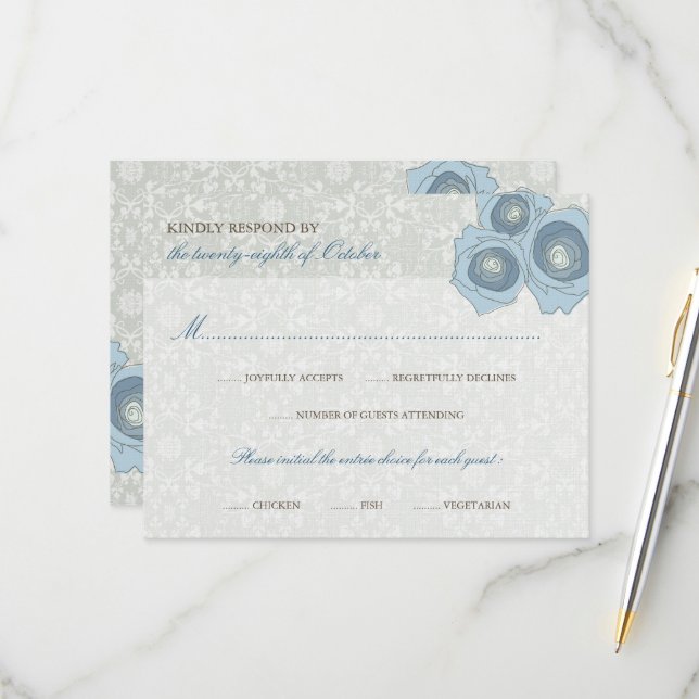 Romantische Blaue Rose Damask Highlights Hochzeit RSVP Karte (Vorderseite/Rückseite Beispiel)