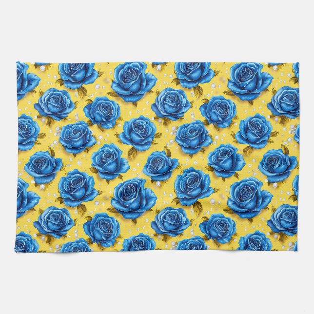 Romantische Blaue Rosen Moderne Blume Geschirrtuch (Horizontal)