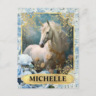 Romantische blaue Rosen und Einhorn-Fantasie Postkarte