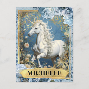 Romantische blaue Rosen und Einhorn-Fantasy Postkarte