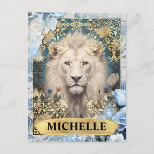 Romantische blaue Rosen und Löwen-Fantasie Postkarte