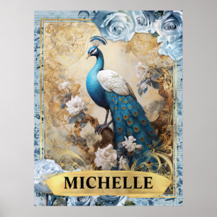 Romantische blaue Rosen und Pfauen-Fantasie Poster