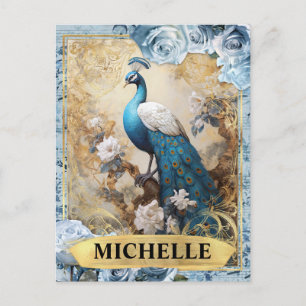 Romantische blaue Rosen und Pfauen-Fantasie Postkarte