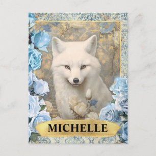 Romantische blaue Rosen und weiße Fuchs-Fantasie Postkarte
