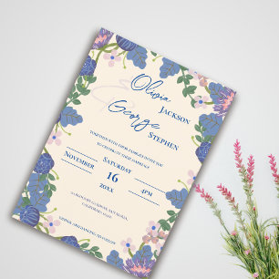Romantische blaue und violette Blumen Hochzeit im Einladung
