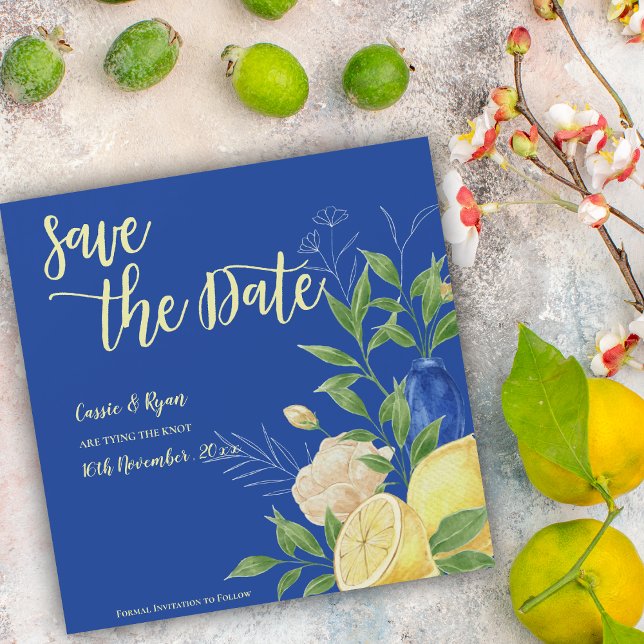 Romantische Blauen Floralen & Lemon Save the Date Magnetkarte (Romantic Blue Florals & Lemon Save the Date Invitation)