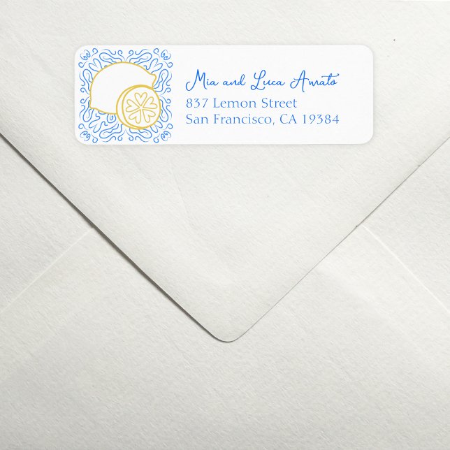 Romantische Blauer Tile Citrus Lemon Luxury Weddin (Add a zesty twist to your mail with this chic lemon-themed address label—fresh, fun, and stylish.)