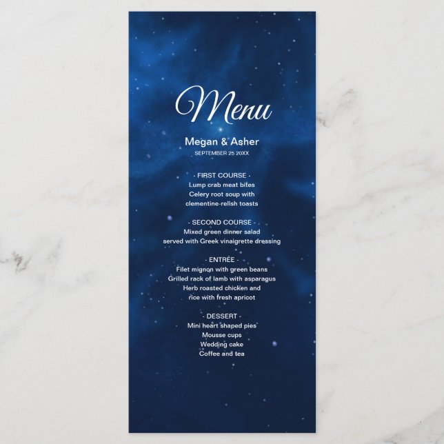 Romantische Blaugalaxie-Nacht-Himmel Menükarte (Vorderseite)