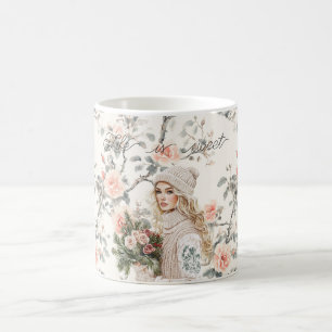 Romantische Blondhaar-Dame Pfirsichrosen Floral Kaffeetasse