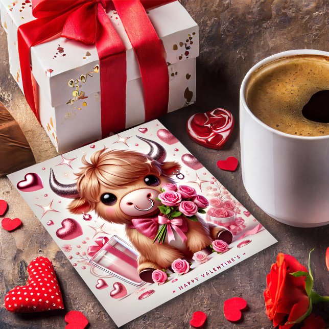 Romantische Blooms Hochland Kuh Valentine Feiertagskarte (Von Creator hochgeladen)