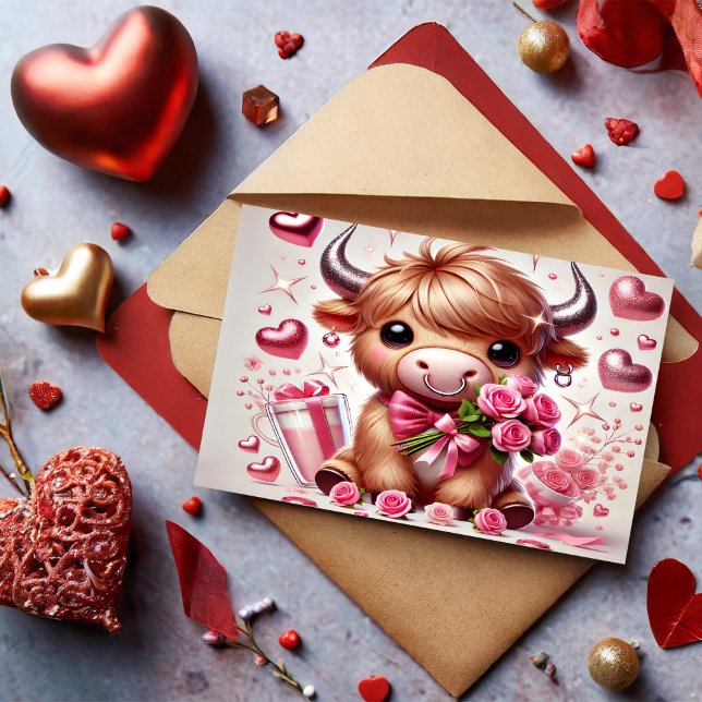 Romantische Blooms Hochland Kuh Valentine Feiertagspostkarte (Von Creator hochgeladen)