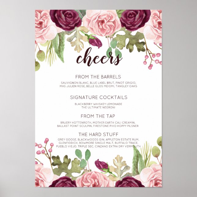 Romantische Blooms Wedding Bar Menu Poster (Vorne)
