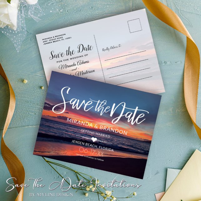 Romantische Blue Beach Hochzeit Save the Date Ankündigungspostkarte (Von Creator hochgeladen)