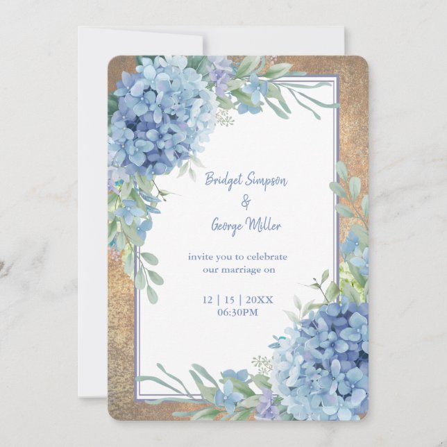 Romantische Blue Hydrangea Monogram Hochzeit Einladung (Vorderseite)