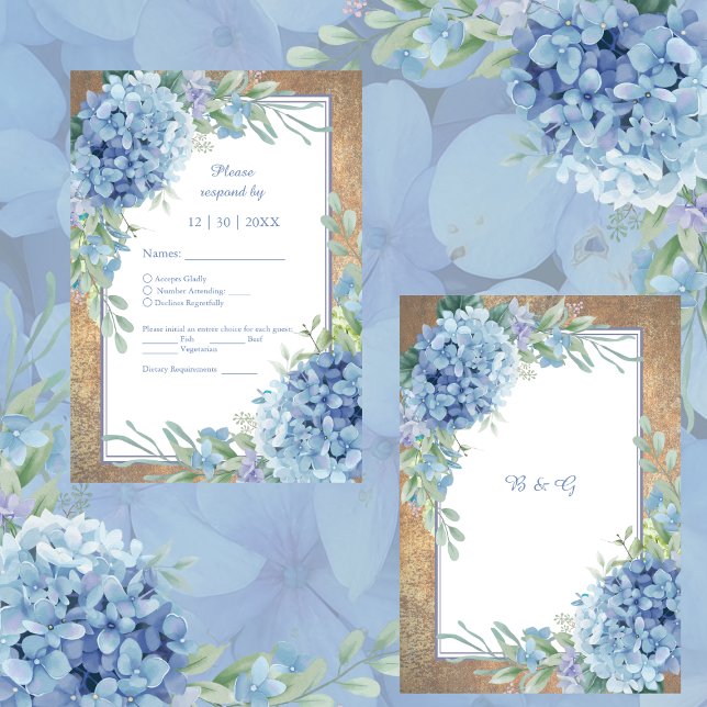 Romantische Blue Hydrangea Monogram Hochzeit RSVP Karte (Von Creator hochgeladen)