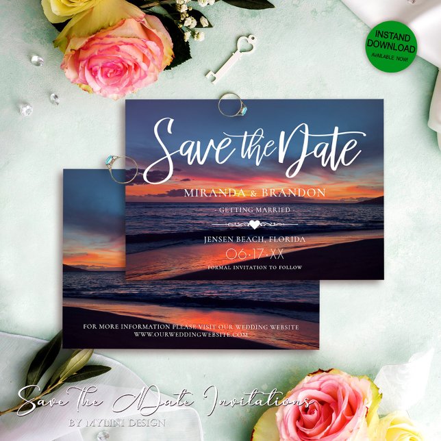 Romantische Blue Sunset Tropical Summer Beach Hoch Save The Date (Von Creator hochgeladen)