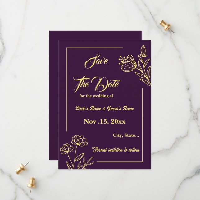 Romantische Blume aus Gold lila Hochzeit Save The Date (Vorderseite/Rückseite Beispiel)