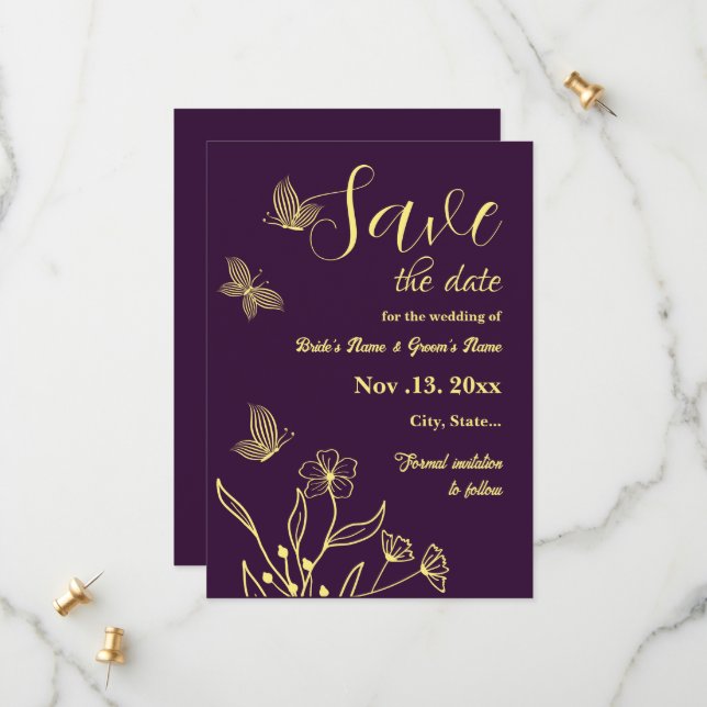Romantische Blume aus Gold lila Hochzeit Save The Date (Vorderseite/Rückseite Beispiel)