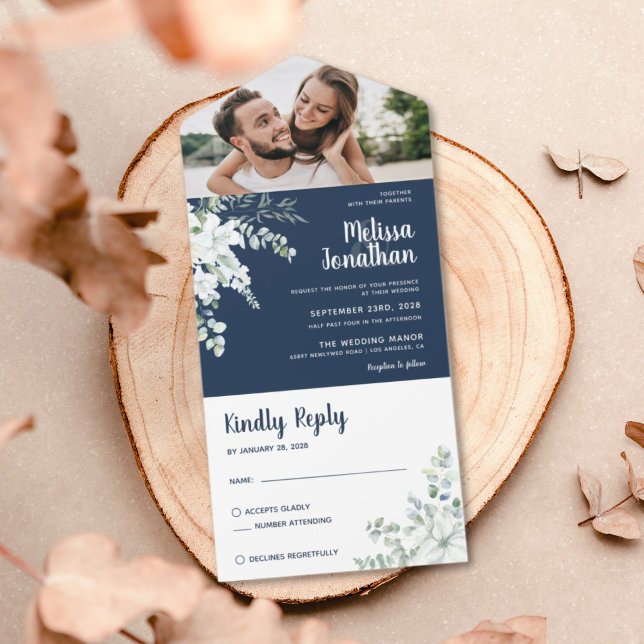 Romantische Blume Blau Foto Hochzeit All In One Einladung (Von Creator hochgeladen)